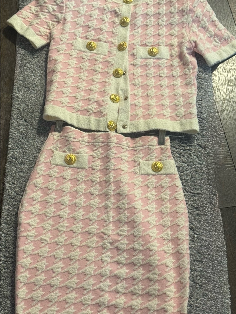Pink & White Houndstooth Two-Piece Knit Set with Gold Buttons